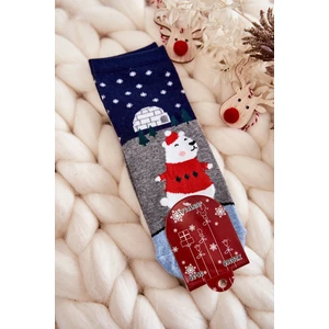 Women's Socks Christmas Patterns With Plush Teddy Bear And Igloo Grey-Navy