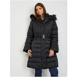 Guess Černý dámský péřový zimní kabát s odepínací kapucí a kožíškem Gu - Dámské