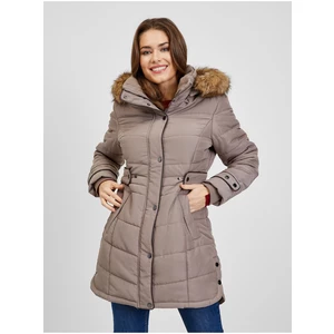 Orsay Hnědý dámský prošívaný zimní kabát s odepínací kapucí s kožíškem  - Dámské