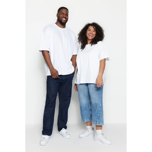 Trendyol White Men's Plus Size Oversized/Wide Cut Comfortable Basic 100% Cotton Crew Neck T-Shirt.