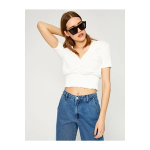Koton Nők Ecru V Nyak Rövid ujjú Crop Tshirt