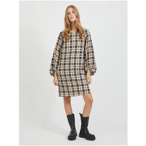 Black-beige women's plaid dress with balloon sleeves VILA Demi - Women