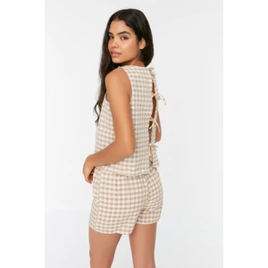 Trendyol Beige Gingham Back Detailed See-through Fabric Woven Pajamas Set