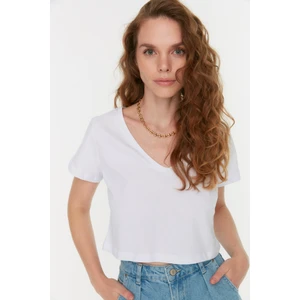 Trendyol White 100% Cotton Single Jersey V Neck Crop Knitted T-Shirt