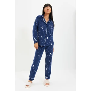 Trendyol Navy Blue Moon Pattern Knitted Pajamas Set