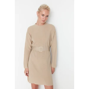 Trendyol Beige Belt Detailed Mini Knitwear Dress