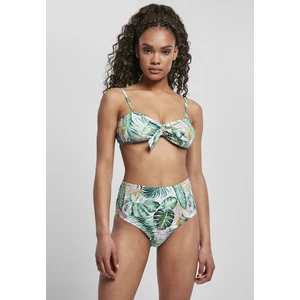 Women's high-waisted bikini with leaf white pattern