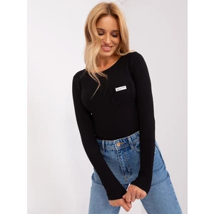 Black blouse with long sleeves and a round neckline