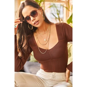 Olalook Women's Bitter Brown Hairstyle Knitted Detail Heart Collar Corduroy Knitwear Blouse