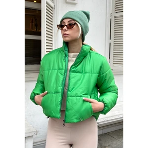 Trend Alaçatı Stili Women's Light Green Stand Up Collar Double Pocketed Puffer Puffer Coat with Elastic Waist