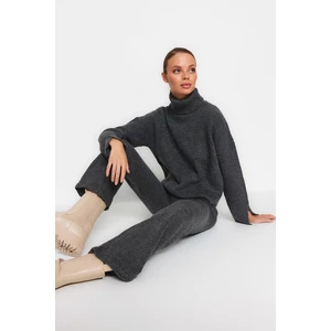 Trendyol Anthracite Soft Textured Basic Trousers and Tricot Top-Top Set