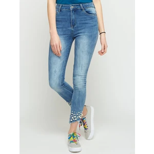 Jeans decorated with abrasions and pearls blue