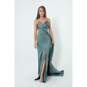 Lafaba Women's Long Satin Evening Dress with Turquoise Straps & Prom Dress