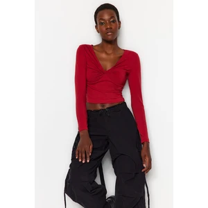 Trendyol Claret Red Cotton with Stretchy Gathering around the chest, Fitted/Simple Crop Knitted Blouse