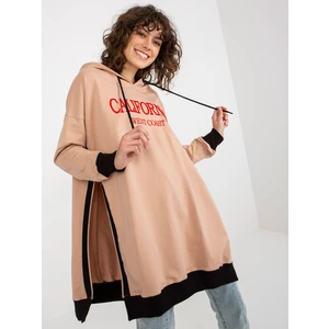 Beige long oversize hoodie with lettering