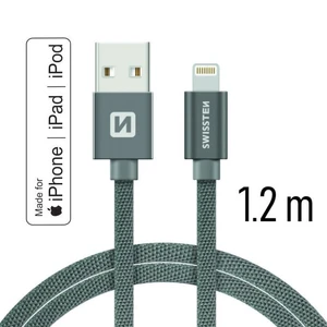 Adatkábel Swissten textil MFI tanúsítvánnyal, Lightning konnektorral és gyorstöltés támogatással 1,2 m, szürke