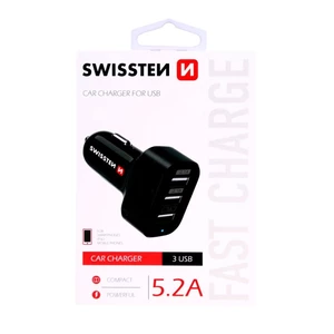 Nabíječka do auta Swissten CL napaječ univerzální (5,2A), 3x USB, černý (Blister)