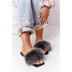 Leather Slippers With Eco Fur Black-White Love You So