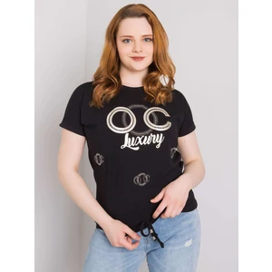 Black plus size cotton blouse with appliques
