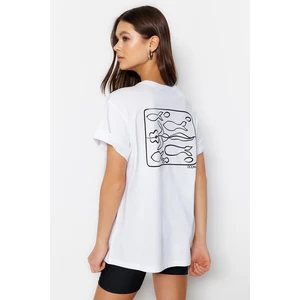 Trendyol White Printed Boyfriend/Wide Fit Knitted T-Shirt