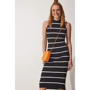Happiness İstanbul Women's Black and White Striped Summer Wrap Knitwear Dress