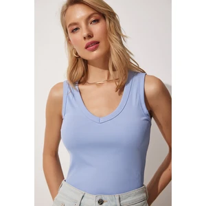 Happiness İstanbul Women's Sky Blue V-Neck Corduroy Crop Top