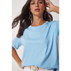 Happiness İstanbul Women's Sky Blue Crew Neck Cotton Loose Knitted T-Shirt