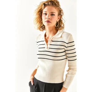 Olalook Women's Ecru Black Buttons Striped Detailed Knitwear Blouse