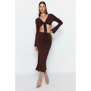 Trendyol Dark Brown Lacing Detail Super Crop and Midi Flexible Knit Top and Bottom Set