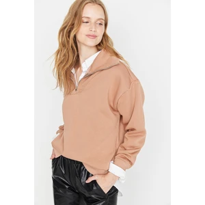 Trendyol Mink Rib Detailed Zipper Oversized Raker Knitted Sweatshirt