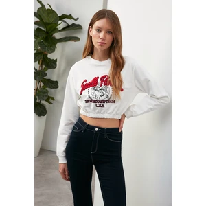 Trendyol Ecru Long Sleeve Crew Neck Printed Crop Knitted Sweatshirt