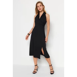 Trendyol Knitted Black Midi Dress with Wrapped Collar Detail