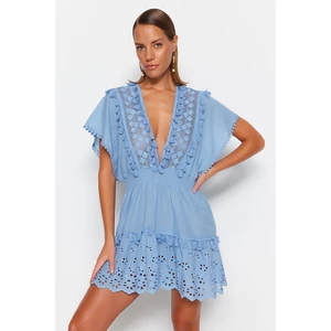 Trendyol Blue Mini Woven Embroidery 100% Cotton Beach Dress