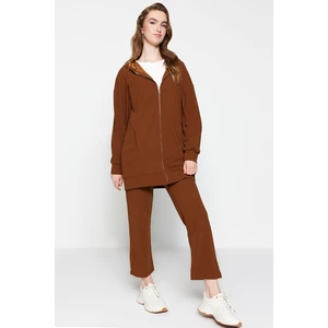 Trendyol Brown Hooded and Zippered Knitted Tracksuit Set