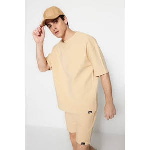Trendyol Limited Edition Edition Beige Men's Oversize 100% Cotton with Labels, Textured Basic Thick Thick T-Shirt.