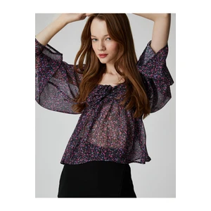 Koton Floral Chiffon blouse Square Neck Draped Wide Sleeves