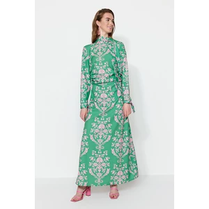 Trendyol Green Patterned Woven Dress with Neck Neck Tie and Front Detail