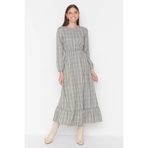 Trendyol Light Khaki Checkered Patterned Woven Dress with Elastic Detail at the Waist and Cuffs