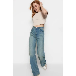 Trendyol Blue Pale Effect Vintage High Waisted Wide Leg Jeans