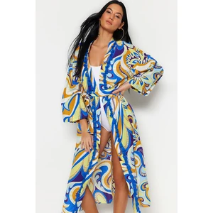 Trendyol Abstract Pattern Belted Midi Woven Kimono & Kaftan 100% Cotton With Tassels