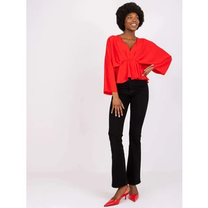 Raquela red blouse with long sleeves and V-neck