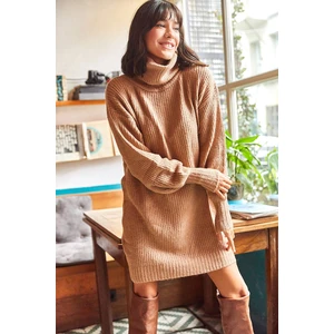 Olalook Women's Camel Turtleneck Soft Textured Knitwear Tunic Dress