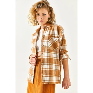Olalook Women's Beige One Pocket Thick Plaid Lumberjack Shirt