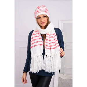 Ladies set with scarf Anika K304 ecru + raspberry