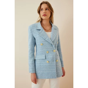 Happiness İstanbul Women's Sky Blue Buttoned Blazer Tweed Jacket