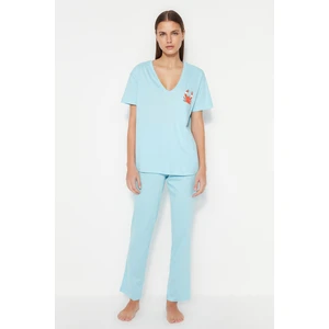 Trendyol Light Blue 100% Cotton Wide Fit T-shirt-Pants with Pockets Printed Knitted Pajamas Set