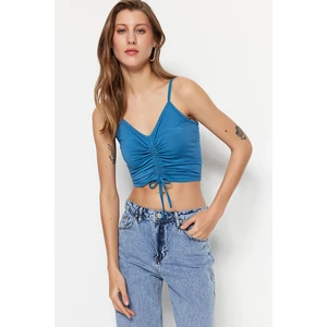 Trendyol Blue Knitted Blouse with Shirring Detail, Fitted/Skinned V-Neck and Crop