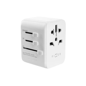 Cestovní adaptér FIXED Voyager 30 W pro EU, UK a USA/AUS, s 1xUSB-C a 2xUSB výstupem, GaN, PD 30W, bílý