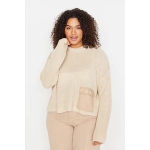 Trendyol Curve Beige Crew Neck Pocket Detailed Off Shoulder Knitwear Sweater