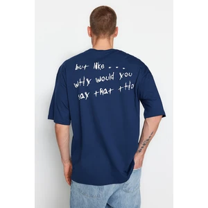 Trendyol Indigo Men's Oversize/Wide Cut 100% Cotton Crew Neck Text Printed T-Shirt